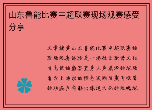 山东鲁能比赛中超联赛现场观赛感受分享
